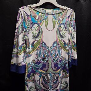 Donna Morgan Paisley Shift Boho Dress 3/4 Sleeve Colorful Preppy Resort Vibe Sz4